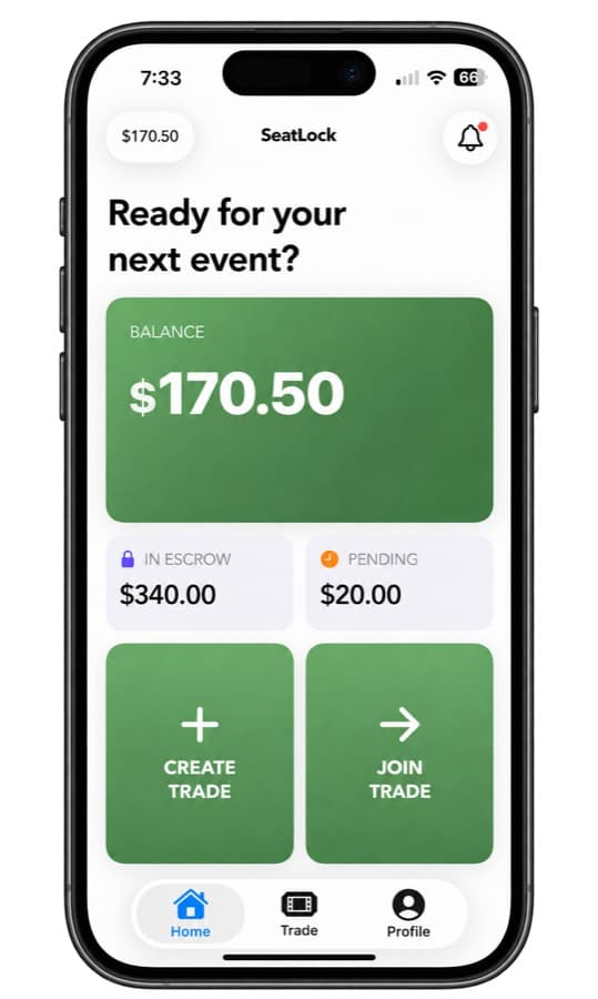 SeatLock app home screen — wallet balance, funds held in escrow, and buttons to create or join a trade