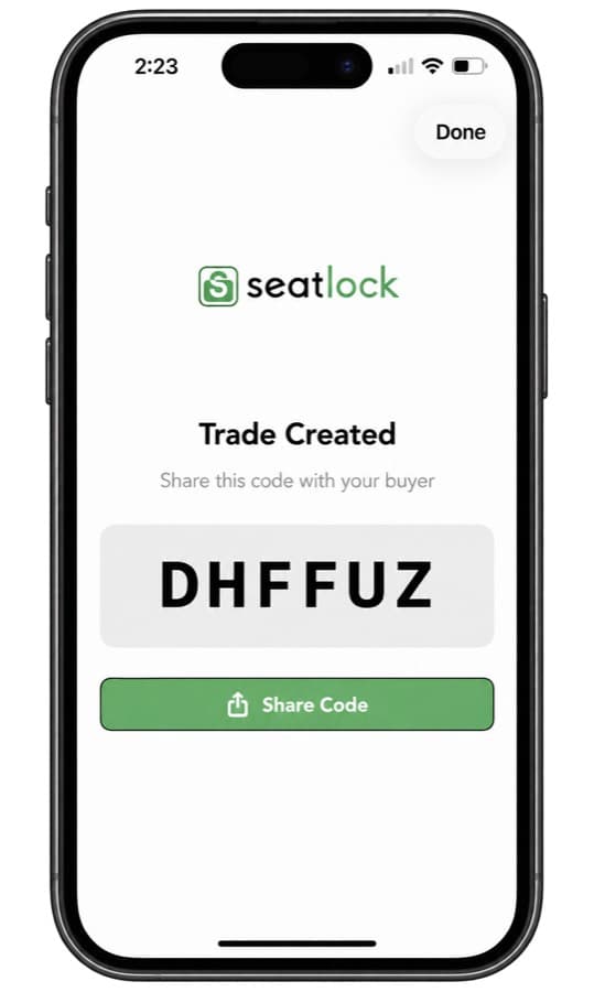 SeatLock app — a created trade showing the six-letter code to share with your buyer