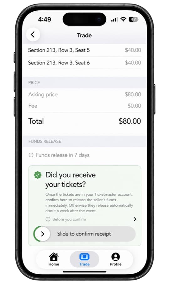SeatLock app — a trade summary with seats, price, and a slider to confirm receipt and release funds